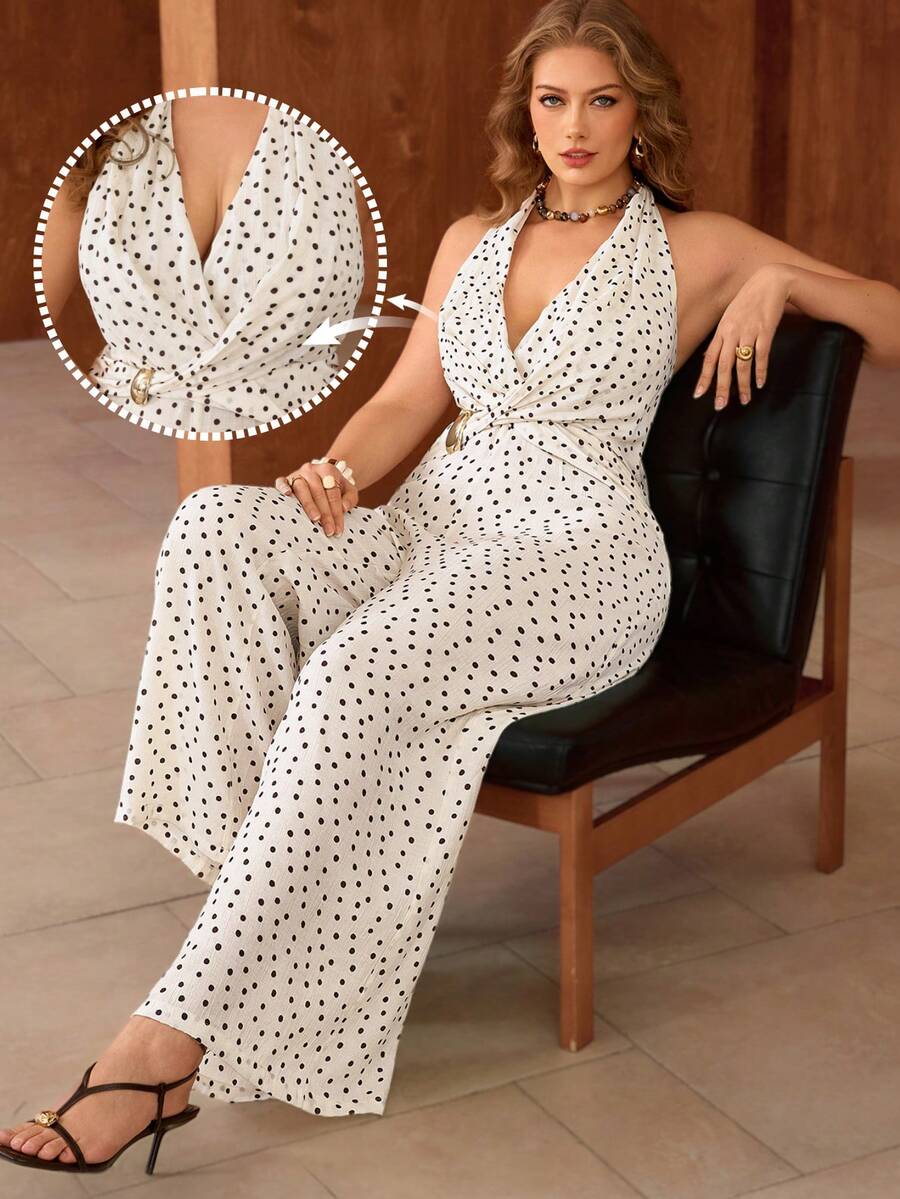Roveilla Plus Size Women's Black And White Summer 1920s Flapper Elegant Holiday French Luxury Crossover V-Neck Knotted Metal Decor Pocket Sleeveless Jumpsuit - Apricot - View 1