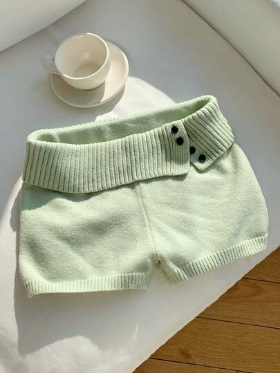 Comfortcana Women's Mint Green Button Decor Low Waist Cuffed Knit Shorts, Spring/Summer Knitted Shorts Soft Shorts Shorts Comfy
