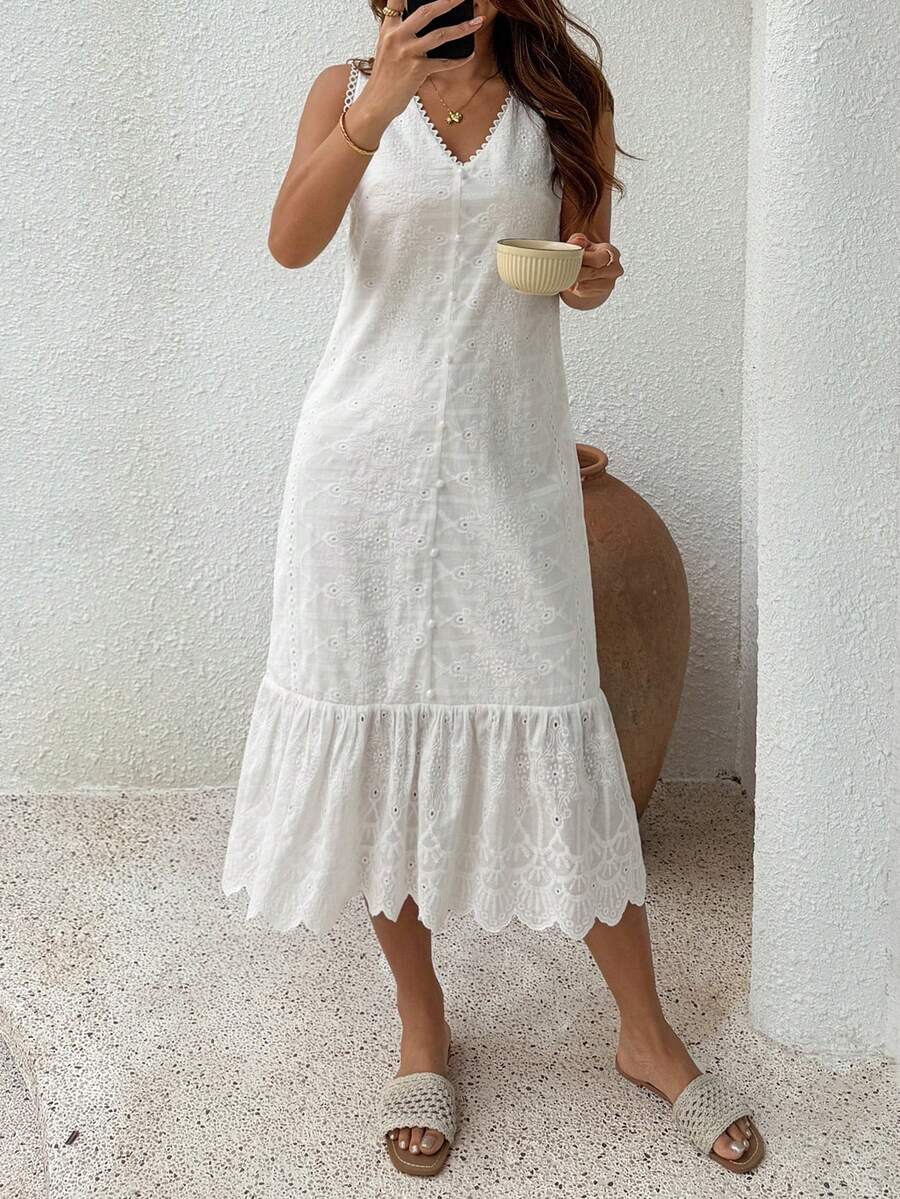 DAZY 波西米亚风刺绣无袖中长睡裙，夏季款 - 白色 - 查看 1