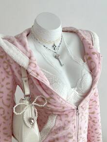 Elamini 一件柔软抓绒豹纹拉链卫衣，休闲可爱撞色设计，适合秋冬季节和开学季穿着。 - 粉色 - 查看 1