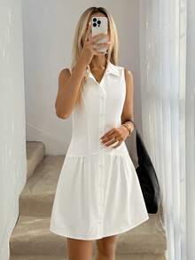 Vestido corto sin mangas con botones frontales de unicolor casual para mujer, ropa de verano casual - Blanco - Ver 5