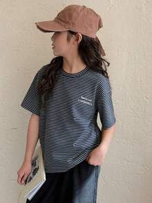 Dazy Kids 少女条纹字母印花休闲日常圆领短袖T恤 - 藏蓝色 - 查看 3