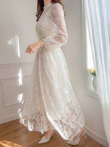 FRIFUL Damen Rundhals Kleid mit durchgehender Spitze, bestickter Dekoration, locker geschnittenes A-Linien Sommerkleid in Unifarbe - Aprikosenfarben - Übersicht 5