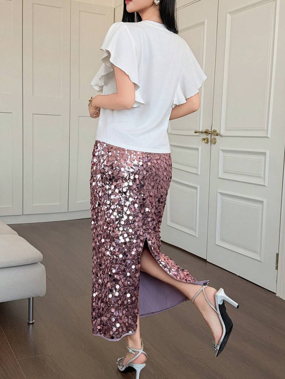 Women's Elegant Solid Color Ruffle T-Shirt And Straight Sequin Skirt 2-Piece Set, Summer Lounge Sets For Women
