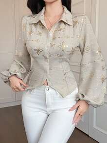 DAZY Women's Elegant Floral & Geometric Silver Foil Tie Front Blouse, Spring/Summer - Apricot - View 4