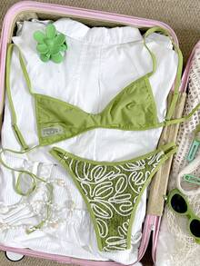 Swim Vcay Women's Vacation Beach Colorblock Textured Swimwear Set - Green - View 2