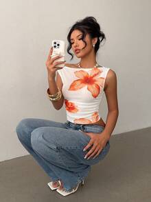 Siren Gaze 夏季休闲不对称领口上衣 女款 白色碎花印花 褶皱紧身沙滩度假 2025 Y2K 节日时尚上衣 外出上衣 碎花不对称领口紧身印花网纱T恤 女款碎花印花不对称褶皱领口时尚上衣 单肩上衣 女款单肩上衣 性感夏季上衣 碎花上衣 女款性感上衣 女式上衣 夏季女装 女式短袖上衣 夏季女式上衣 女士紧身衣 女式上衣 夏季可爱上衣 - 橘色 - 查看 4