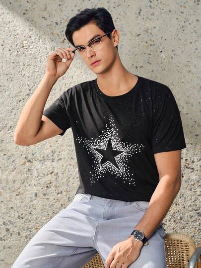 RONVEXI 男士时尚休闲银箔印花短袖T恤，夏季