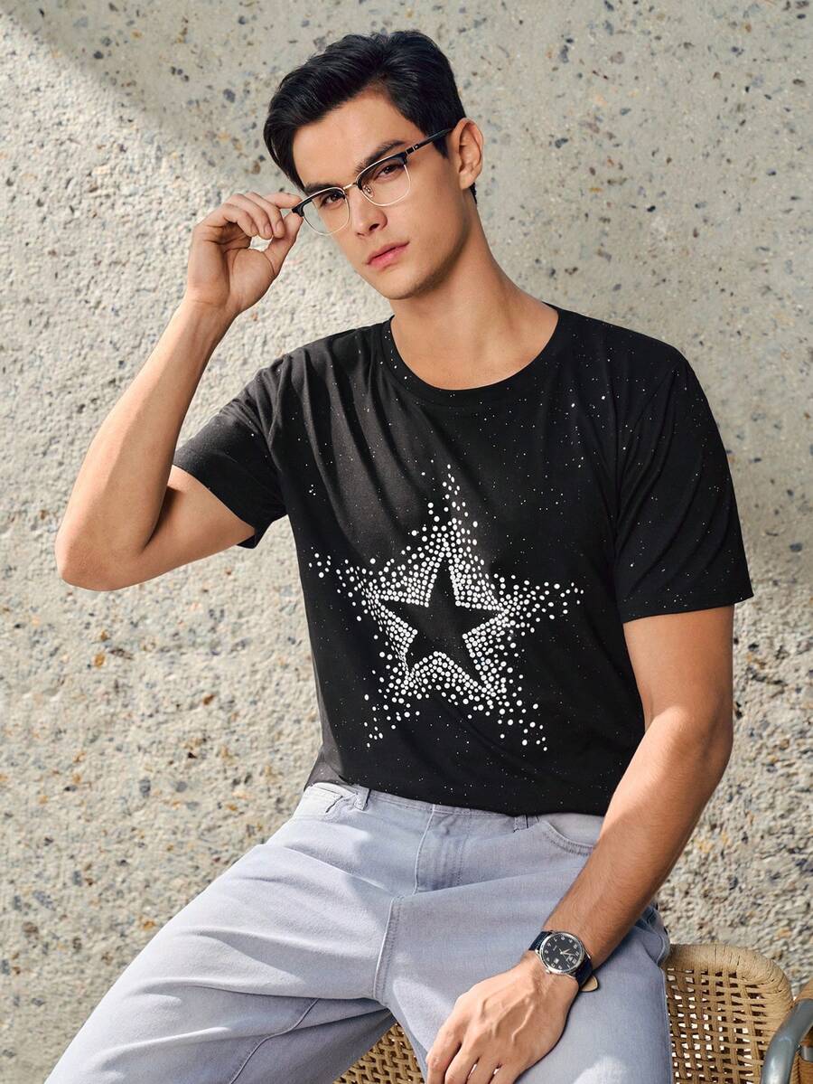 RONVEXI Men's Black Star Universe Print Short Sleeve Top,Premium Custom Luxury Casual Item,Fashionable Casual Silver Foil Print Short Sleeve T-Shirt, Summer Star Shirts Street Wear Tops - Black - View 1