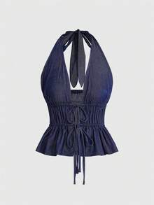 ROMWE 女士甜美日常性感露脐上衣，系带领，收腰设计，牛仔效果，露背，复古风格 - 藏蓝色 - 查看 1