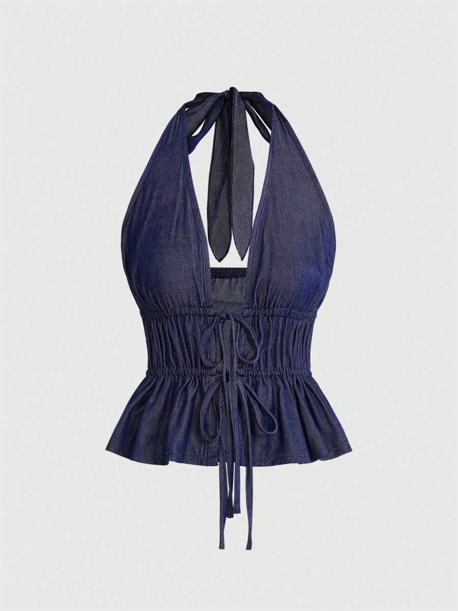 ROMWE 女士甜美日常性感露脐上衣，系带领，收腰设计，牛仔效果，露背，复古风格 - 藏蓝色 - 查看 1