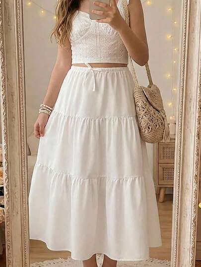 Tween Girl Solid Color Drawstring Waist Ruffle Hem Casual Vacation Skirt