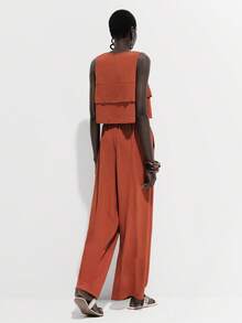 Lumivelle Women's Fashion Sexy Ruffle Tie-Up Short Sleeve Top + Wide Leg Pants 2 Pieces Set - Red - View 2