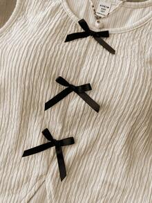 Tween Girls Cute White Crop Top With Black Bowknot Detail And Slit Hem, Summer Tops - Apricot - View 3