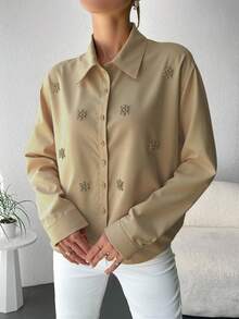 EURMUSE Rhinestone Detail Drop Shoulder Shirt - Khaki - View 5