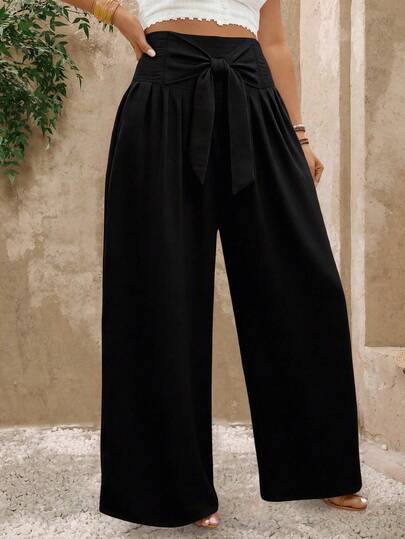 SHEIN PETITE Plus Size Women Casual Straight Leg Pants With Front Waist Tie Fall Cloth For Women