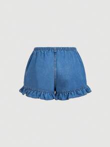 SHEIN Sweetro 女士休闲荷叶边牛仔短裤 - 藍色 - 查看 2