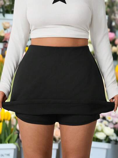 SHEIN EZwear Plus Size Women Black Casual Skort With Pockets