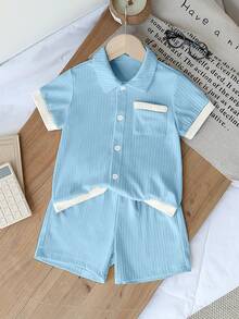 Genkimix Kids 2pcs/Set Young Boys Textured Fabric Color Block Cardigan Shirt & Shorts Set Short Sets For Boys Summer - Blue - View 7