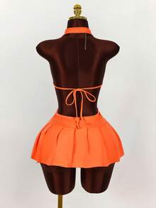 Amplova Deep V-Neck Metal Belt Buckle Decor Slit Pleated Bodycon Dress - Orange - View 2