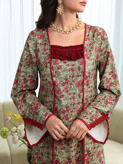 Al Najma New Crinkle Cotton Blend Printed Patchwork Ruffle Hem Vacation Style Arabic Dress