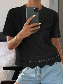 DAZY 女士纯色修身圆领短袖蕾丝拼接休闲夏季上衣T恤 - 黑色 - 查看 4