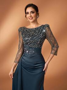 Serin Elegant Luxurious Blue Satin Dress With Sequin Beaded Embroidery,Sheer Sleeves,Ruched Mermaid Formal Gowns For Winter Evening Wedding Parties - Army Green - View 5