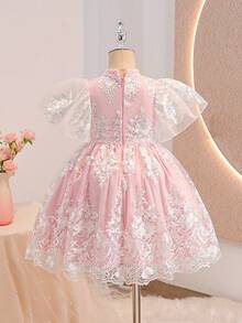 Young Girls Elegant Back To School Summer Short Sleeve Embroidered Dress Mandarin - Pink - View 3