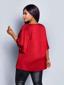 SOLERSUN 大码女式时尚纯色优雅高领蝙蝠袖衬衫，夏季宽松飘逸，红色缎面材质，2026款，适合新年、派对、夏季、度假、情人节等场合，款式端庄得体。 - 紅色 - 查看 3