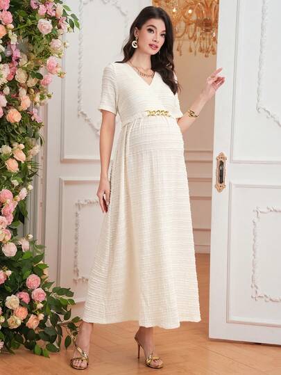 Momance V-ringad klänning med kort ärm och kedjebälte för gravida kvinnor, A-linjeformad fåll, lång klänning i jacquardvävd modell