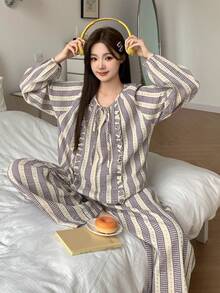 DAZY 2pcs Sweet Plaid & Ditsy Floral Ruffle Trim Long Sleeve Top And Pants Pajama Set, Spring/Autumn - Purple - View 10