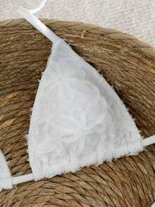 Swim Vcay Women's Solid Color Textured Fabric Halter Triangle Bikini Set, Summer - White - View 2