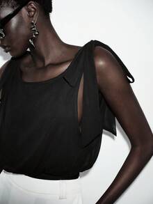 Lumivelle 女士时尚无袖蝴蝶结系带连体衣，春夏款 - 黑色 - 查看 7