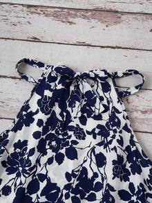 SHEIN LUNE 女士休闲碎花露背蝴蝶结吊带无袖上衣 女士夏季上衣 女士夏季上衣 夏季休闲上衣 - 藍白色 - 查看 5