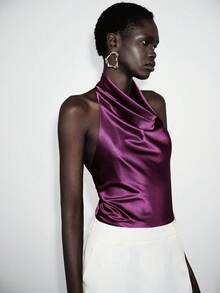 Lumivelle 女士性感针织垂褶领露背连体衣，金属环设计，收腰，修身，春夏款 - 紫色 - 查看 5