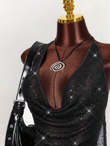 Amplova 2026 Black Sheer Sequin Halter Asymmetrical Music Festival Vest,Summer Top - Black - View 10