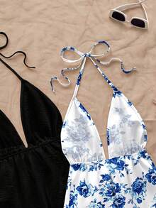 Soleia 2pcs/Set Women Casual Backless Tie Strap Halter Top Set, Floral Print, Suitable For Vacation, Beach - Multicolor - View 4