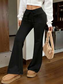 SHEIN EZwear Quần ống loe dệt kim tối giản màu đen dành cho nữ, có dây rút ở eo. - màu đen - Xem 5