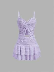 Sweetra Conjunto de 2 piezas de top con tirantes de volantes y falda mini acampanada con volantes en el bajo para mujer, primavera/verano - Púrpura malva - Ver 3