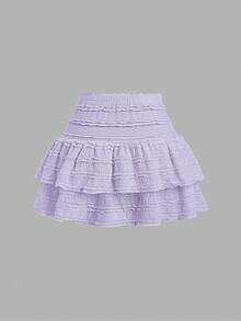 Sweetra Solid Color Ruffle Trim Number Print Double Layered Hem Skirt, Casual & Resort Y2K  Mini Short - Mauve Purple - View 2