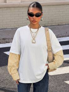 Muchica Women's New 2 In 1 Round Neck Loose Long Sleeve T-Shirt - Multicolor - View 5