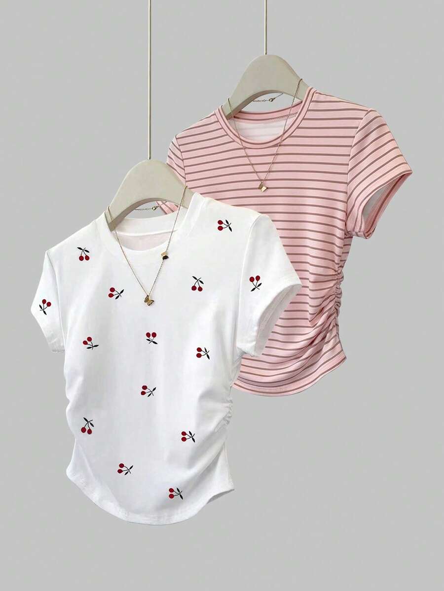 SHEIN 2件套女士夏季户外休闲运动上衣，适合返校、居家、办公穿着，水果樱桃印花，条纹，粉色，白色T恤 - 彩色 - 查看 1