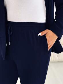 SHEIN Essnce Damen Große Größen Mode Herbst und Winter Lässig Locker Bequem Täglicher Schwarzer Hosenanzug Jacke und Leggings Zweiteiler Set, Business Lässig, Herbst Outfits, Bürokleidung - marineblau - Übersicht 5
