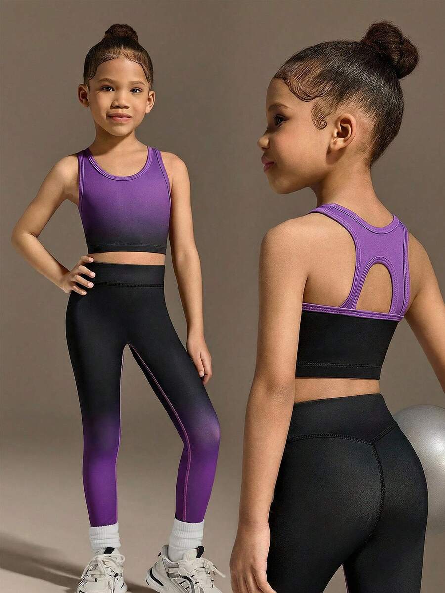 Bộ đồ thể thao gồm áo croptop không tay và quần legging in họa tiết ombre tím đen, chất liệu co giãn cao, ôm sát tôn dáng, thích hợp cho đạp xe, chạy bộ, tập luyện, dành cho bé gái. - Nhiều màu - Xem 1