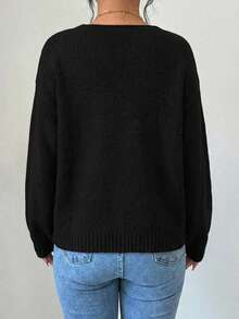 EURMUSE 女士休闲宽松纯色系带长袖开衫 - 黑色 - 查看 2