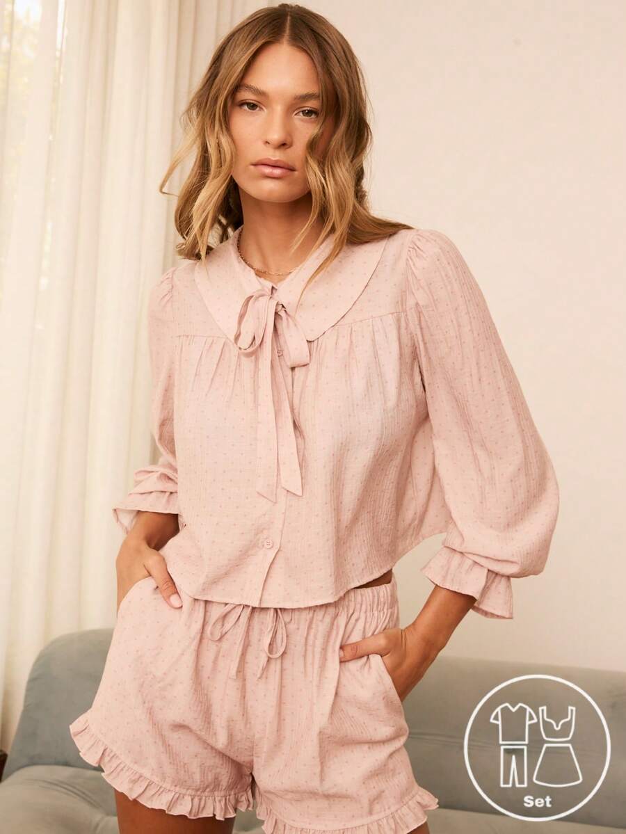 Aralina Gingham Long Sleeve Top And Shorts Pajama Set - Pink - View 1