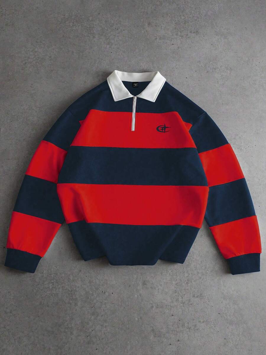 PAVTROS Áo Polo nam tay dài kẻ sọc dáng rộng, thoải mái. Phong cách đường phố, bạn bè, phối đồ, rộng thùng thình, dành cho nam, họa tiết, phong cách Nhật Bản, unisex, "Tôi yêu bạn gái tôi". - Nhiều màu - Xem 1