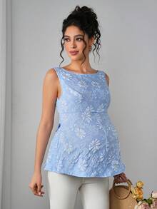 Momance Maternity Sleeveless Round Neck Tank Top With Princess Seam, Backless Bow Tie Design, A-Line Hem, Jacquard Weave - Baby Blue - View 3