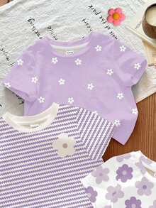 SHEIN LMoss Kids 3件套可爱花卉系列奶油紫、紫色条纹、紫色圆领短袖百搭T恤，适合日常、居家、度假、搭配，轻松舒适，可叠穿，时尚女孩，休闲装，儿童花卉图案服装，别致秋季，时尚冬季，新款，清凉舒适 - 彩色 - 查看 4