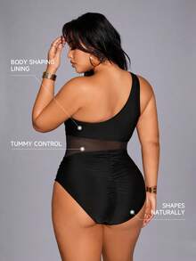 Shapewave Plus Size Women Solid Color Contrast Mesh One-Piece Swimsuit, Fashionable For Vacation - Black - View 2